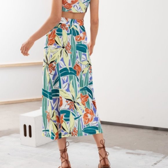 Front Slit A-Line Midi Skirt 6 Tropical Print - Picture 1 of 2